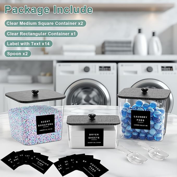 POLRAI 3 Pack Laundry Pod Containers and Dryer Sheet Holder Clear Jars with Bamboo Lids and Labels Laundry Room Organization Containers for Scent Booster Powder Detergent Pods Storage