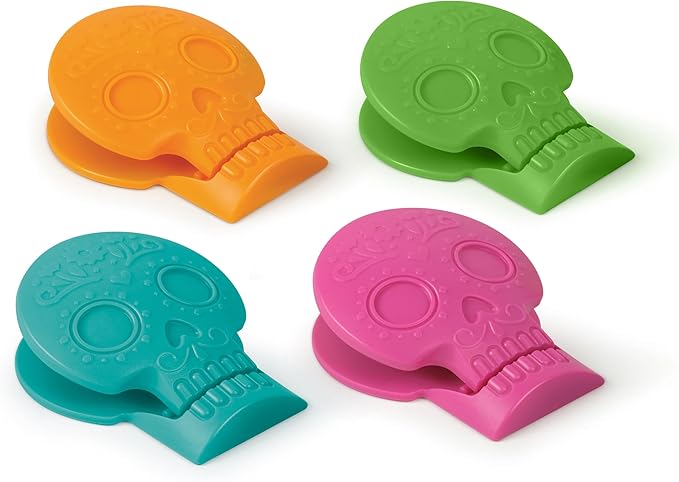 Genuine Fred SNACK SPIRITS Bag Clips, Set of 4, Molded Day of the Dead skull design, Dio de los Muertos, Colorful Calaveras, Bag Clips for food storage