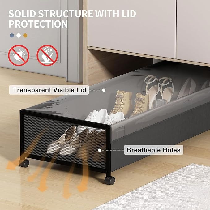 Under Bed Storage Containers with Wheels Large Underbed Shoes Blankets Clothes Toy Storage Drawers for College Dorms Bedrooms Nursery Rooms Organization (Black 2 Pack, 7.5in height(36"x16.6"x7.48"))