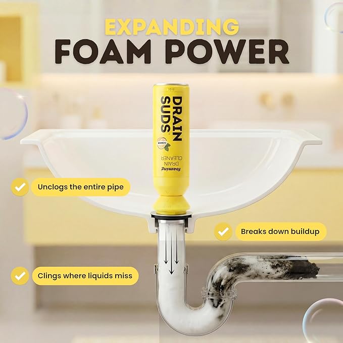 Foaming Drain Cleaner, Sink Cleaner and Deodorizer, Drain Clog Remover for Kitchen Sinks, Bathrooms, Shower Drains, Tubs, Washbasin, Clogged Pipe Opener, Lemon, 2 Pack