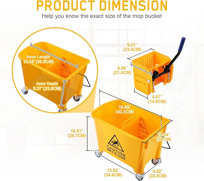 Ridgeyard 5.28 Gallon Side Press Yellow Mop Bucket with Wringer, Mop Bucket with Wringer Set for Home Use, Dirty Water Separator, 11x16.92x27.55 Inch