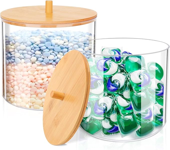 JYPS 1+1 Large-Capacity Laundry Pods Container with Bamboo Lid, Clear Acrylic Powder Detergent Containers for Pods, Scent Boosters & Powder, Laundry Room Organization decor, Storage Jars Set
