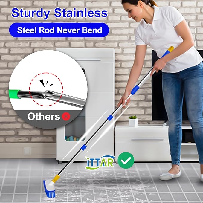ITTAR 55" Extendable Floor Scrub Brush, 12" Wide Heavy-Duty 2-in-1 Scrub & Squeegee Deck Brush for Tile Grout Shower Floor, Kitchen, Restaurant, Patio & Garage Cleaning