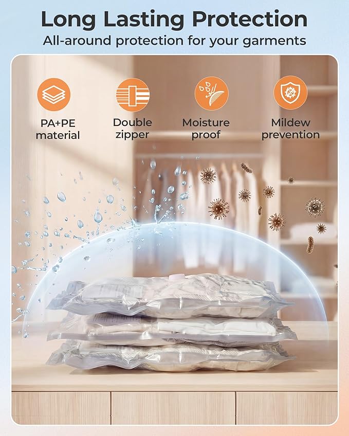 BAGSMART Vacuum Storage Bags with Portable Pump, Travel Space Saver Bags for Clothes, Heavy Duty Compression Bags for Storage, Vacuum Seal Bags with Hand Pump, Travel Essentials for Packing-Gray