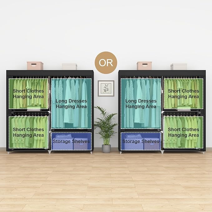 MOGELAFOO 62.5" Closet Wardrobe, Portable Closet for Bedroom, Freestanding Clothes Rack with Non-Woven Fabric Cover, 3 Hanging Rods, 4 Storage Shelves, Clothes Storage Organizer, Black