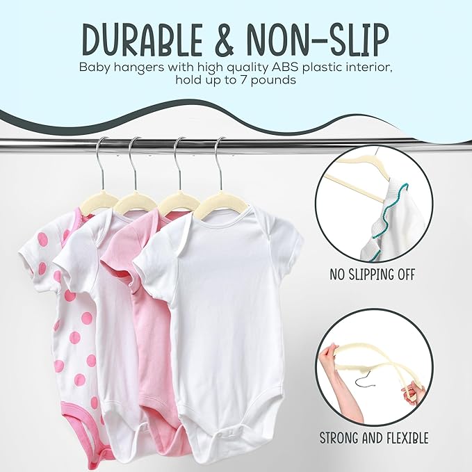 TechZoo 25 Premium Baby Velvet Hangers - 11.8 Inches Non-Slip & Ultra-Slim Baby Hangers for Space-Saving & Children Clothes - 360 Swivel Hook, Strong & Durable Infant & Toddler Clothes Hanger - Beige