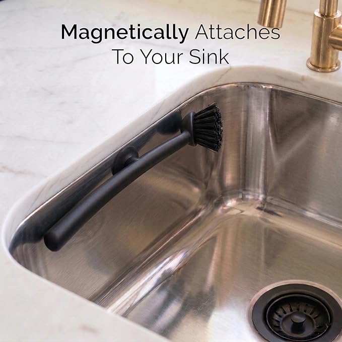 Earth & Mango Magnetic Dish Brush & Scraper, Snaps to Sink, Non-Scratch, Dishwasher Safe, Dish Scrubber – Onyx Black