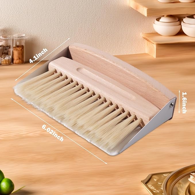 Small Dustpan and Brush Set with Wood Handle,Portable Hand Broom and Metal Dustpan Set, Wooden Mini Brush with Dustpan Set for Home Kitchen Office Desktop,Pet Dog Hair,Camping