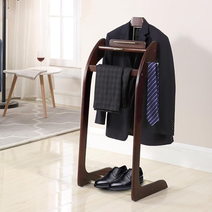 Proman Products Windsor Suit Valet Stand VL16001 with Top Tray, Contour Hanger, Trouser Bar, Tie & Belt Hooks and Shoe Rack, 17"W x 14"D x 40"H, Dark Walnut