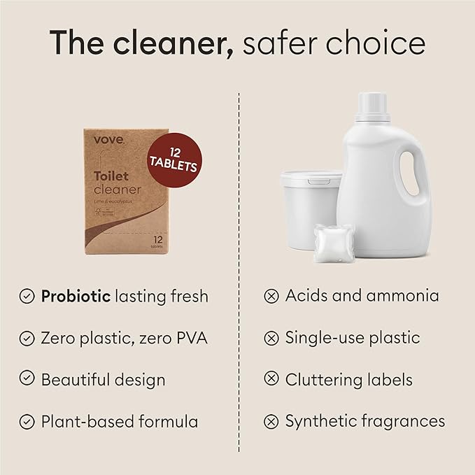 Vove Probiotic Toilet Bowl Cleaner Tablets, 12 Count - Lime & Eucalyptus, Citric Acid + Oxygen Bleach Fizzing Formula, Dissolves Hard Water Stains & Limescale, Plant-Based, Septic Safe, Plastic-Free