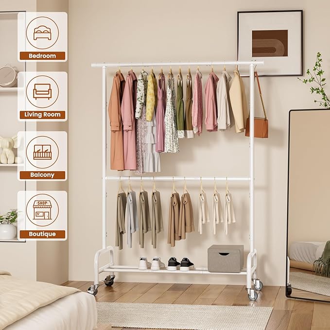 Abiglifty 2 Tier Clothes Rcks for Hanging Clothes, Heavy-Duty Clothing Rack with Wheels,150LBS Capacity, 42" W X15 D X 77" H Garment Rack with Bottom Shelf, for Bedroom, Living Room, White
