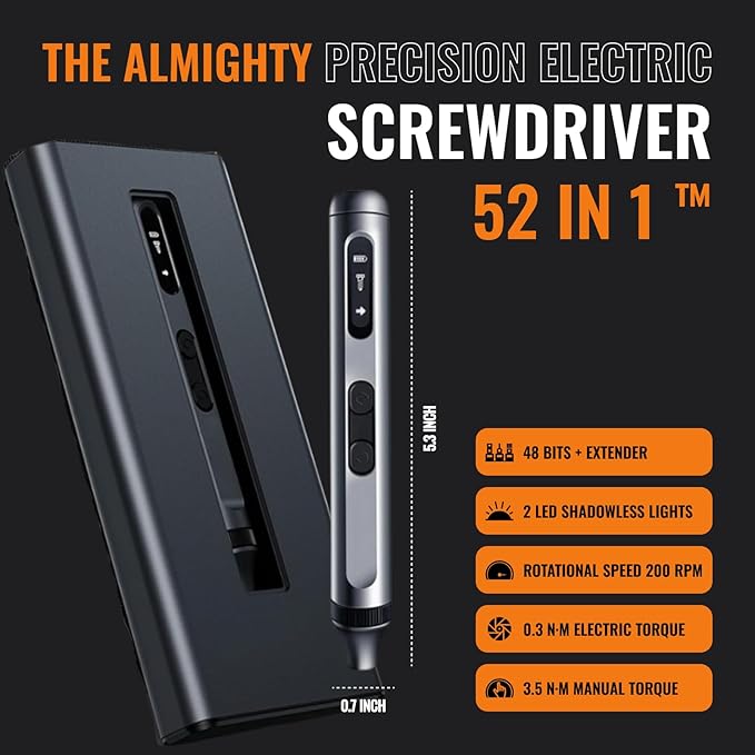 Precision Electric Screwdriver 52-in-1 Kit | Cordless Mini Power Driver for Electronics, PC & Laptop Repair | Compact Rechargeable Automatic Tool Set with Magnetic Bits