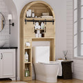 Spurgehom Over The Toilet Storage Cabinet, Bathroom Shelf Organizer Freestanding, Bathroom Arch Cabinet Over Toilet with Toilet Paper Holder and Anti-Tipping Device (Two Sliding Door-Wood)