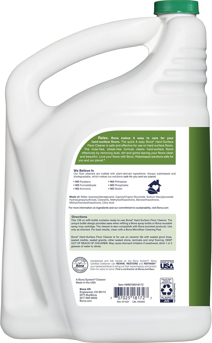 Bona Hard-Surface Floor Cleaner Refill, for Stone Tile Laminate and Vinyl LVT/LVP, 4 pack
