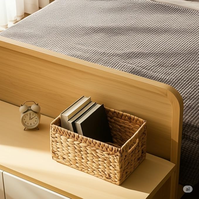 Wicker Basket For Shelves, Baskets for Organizing, Woven Storage Basket Built-in Handles for pantry, shelves, kitchen (Medium 2-Pack, Natural Water Hyacinth)