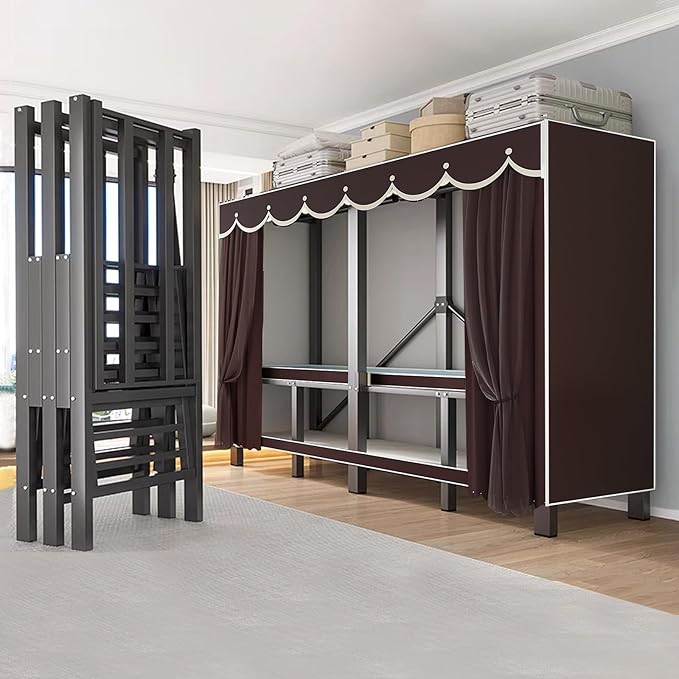 Heavy Duty Portable Closet with Cover Foldable Covered Clothes Rack for Hanging Clothes Armoire Wardrobe Closet System Freestanding Coat Storage Garment Racks (190cm/75in(Coffee))