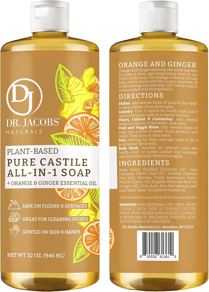 Dr. Jacobs Naturals Orange & Ginger Castile All-in-One Cleaner and Soap - Plant-Based Formula for House Cleaning Floors and Appliances - Gentle on Skin and the Planet - 32 oz, 2 Pack
