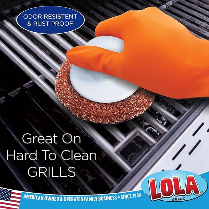 LOLA Copper Mesh Scouring Pad w/Comfort Knob, Heavy Duty Cleaning Pads, Knitted Wire Mesh, Cleans Caked-On & Baked-On Messes