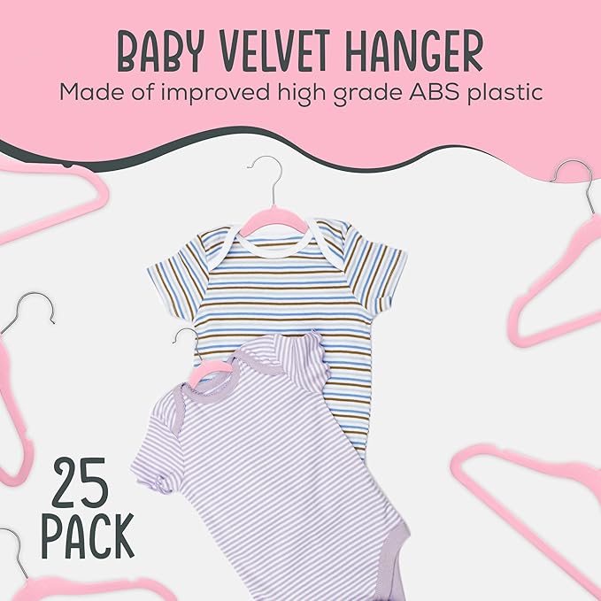 TechZoo 25 Premium Baby Velvet Hangers - 11.8 Inches Non-Slip & Ultra-Slim Baby Hangers for Space-Saving & Children Clothes - 360 Swivel Hook, Strong & Durable Infant & Toddler Clothes Hanger - Pink