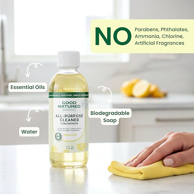 Good Natured Brand All-Purpose Cleaner Concentrate | Multi-Surface Cleaner | Natural Lemon Essential Oil | Multipurpose Cleaner Concentrate All Surfaces | Lemon Love | 4oz makes 64oz