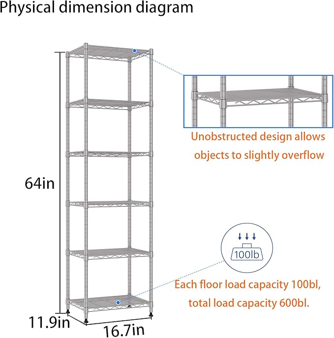 REGILLER 6 Wire Shelving Steel Storage Rack Adjustable Unit Shelves for Laundry Bathroom Kitchen Pantry Closet (16.7L x 11.9W x 64H, Silver)