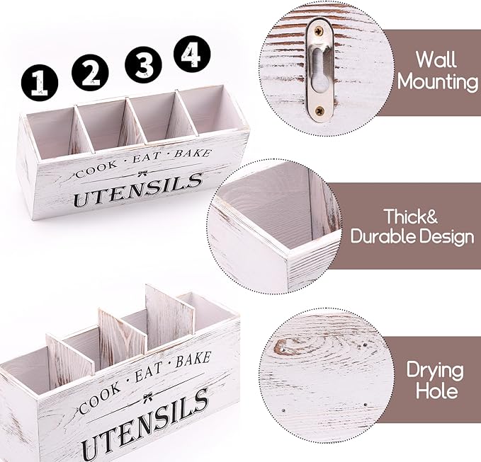 Kitchen Utensil Holder for Counter or Countertop, Extra Large Wood Organizer with 4 Compartments, Wooden Storage for Cooking and Silverware, Rustic Minimalist Decor, Sturdy Utensil Crock-White