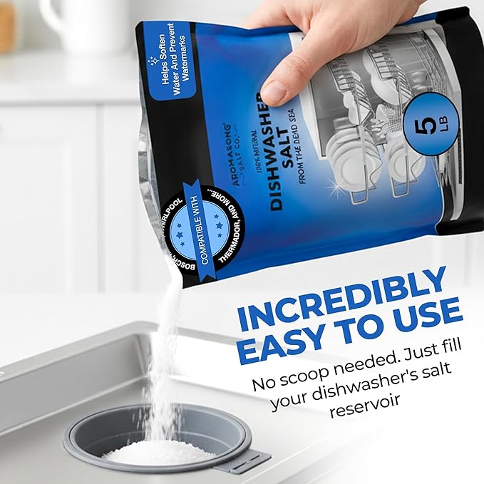 Aromasong Dishwasher Salt 5 LB - 100% Natural Water Softening Agent Compatible with Bosch, Miele, Whirlpool, Thermador and More... For Cleaner Dishes & Washer Reactivation (packaging may vary)