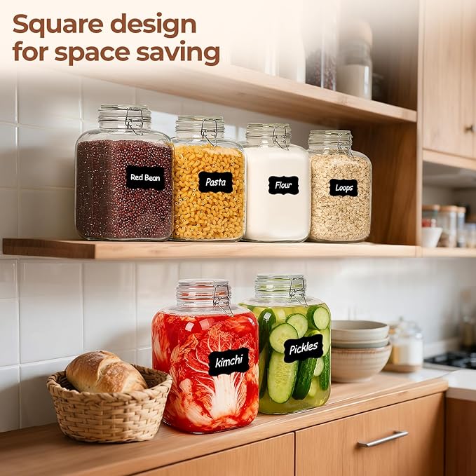 ComSaf Set of 2 Square Glass Jars, 1.1 Gallon (4L) Large Airtight Canisters for Bulk Food Storage, Flour, Rice, Fermenting, Wide Mouth, Space Saving