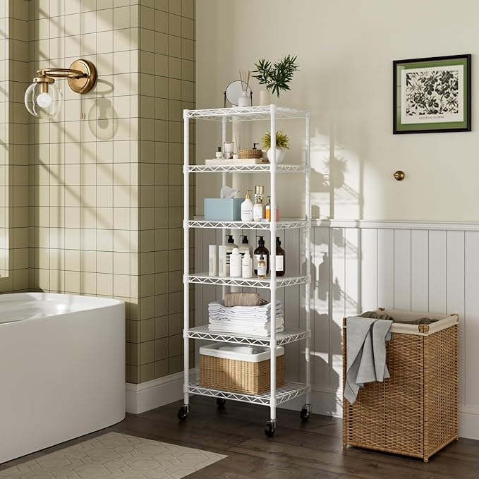 Golpart Small 6 Tier Shelf Storage Wire Shelving Unit Metal Shelves Adjustable Organizers Storage Shelving with Wheels for Bathroom Laundry Room Kitchen Pantry12”D x 18”W x 61.6”H White