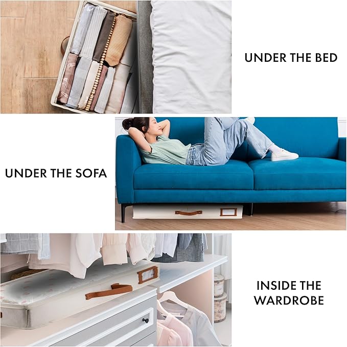 HOMELUX THEORY 2pc Low Profile Under Bed Storage Containers, Thin Under Couch Storage Organizer with Bins & Lids, Underbed Storage Box Ideal for Seasonal Clothes, Blankets, Fabric & Shoes (Ivory)