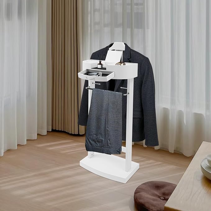Suit Valet Stand Wood Valet Stand for Man, Wooden Clothing Valet Stand with Contour Hanger, Tray, Trouser Bar, Tie Bar and Base, Mens Valet Stand for Entryway Office Living Room (White)