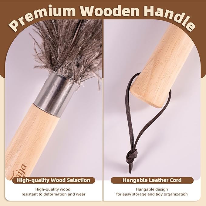 2 Pack Ostrich Feather Dusters with Wooden Handle, 13.5 inch Natural Fluffy Feather Dusters for Dusting Home, Car, Delicate Surfaces, Reusable Soft Cleaning Tools for Ledges, Blinds