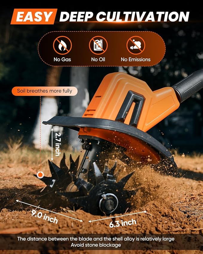 Saker 22V Cordless Electric Garden Tiller Cultivator, Rototiller for Gardening with 3 Adjustable Speed, 9-Inch Tilling Width, 6.3-Inch Depth for Soil Preparation, Weeding, and Gardening SK-TC18A