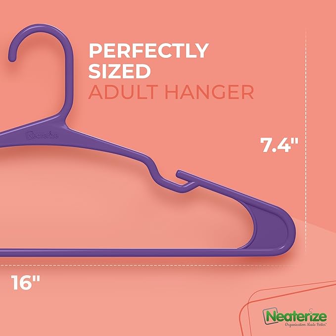 NEATERIZE Clothes Hangers Plastic 20 Pack For Adults - Plastic Hangers, The Perfect Coat Hanger and Space Saving Clothes Hangers for Closet, Percheros Ganchos para Colgar Ropa Hangars - Purple Hangers