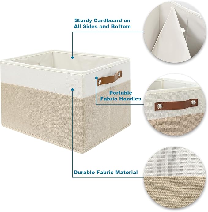 6 Pack Fabric Storage Baskets for Shelves, Closet Storage Bins for Shelves, Fabric Baskets for Organizing with Handles for Home and Office (White with Beige,15"L*10.2"W*9"H)