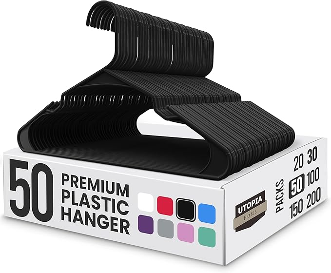 Utopia Home Plastic Hangers 50 Pack, Space-Saving Clothes Hangers with Non-Slip Shoulder Grooves for Strappy Clothes, Ideal for Home Closet Organization and Warddrobe Solutions (Black)