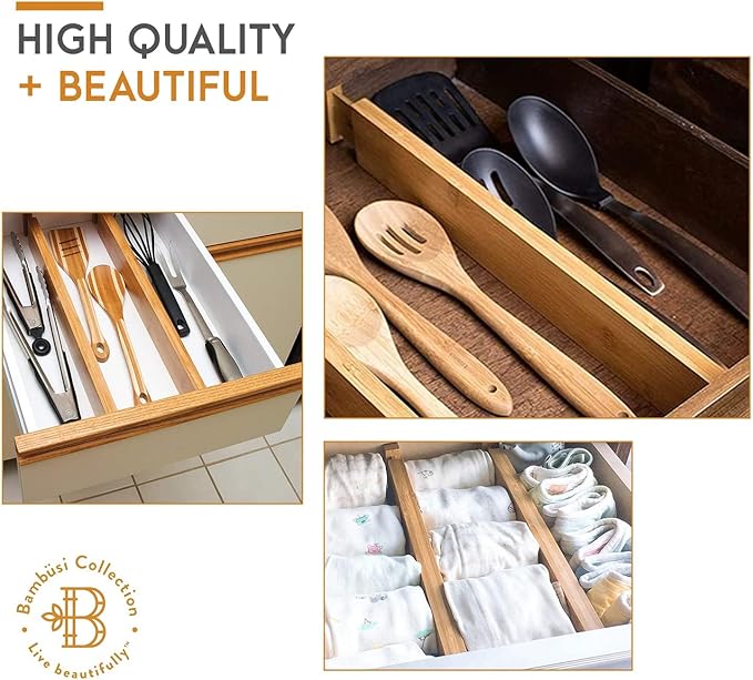4 Pack Bamboo Drawer Dividers - 2.6 in High, Adjustable 16 to 22 in Expandable Drawer Organizers and Dresser Separators for Clothes, Bedroom, Bathroom, Kitchen, and Office Organization and Storage