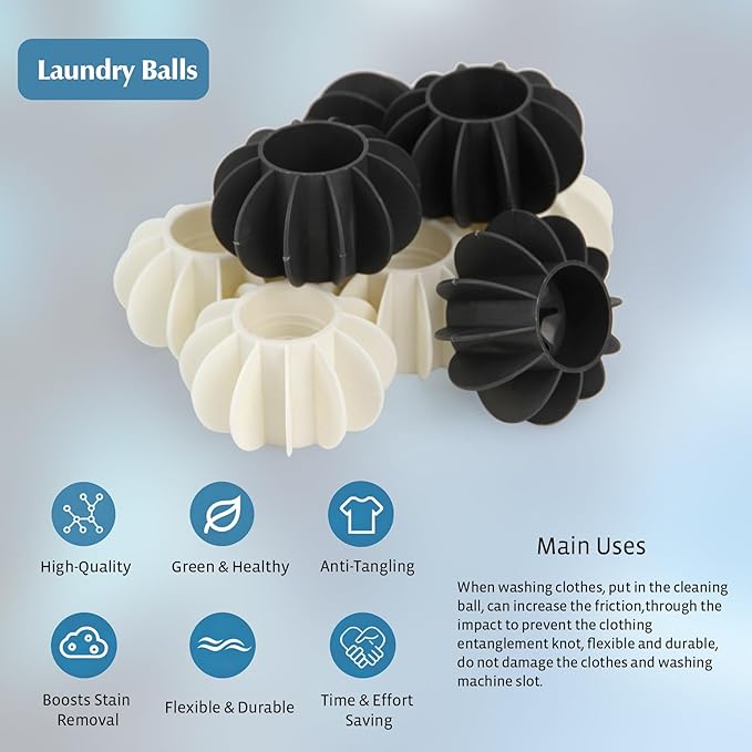 8Pcs Ech.Apr Reusable Laundry Balls, TPR Washing Machine Cleaner Ball, Anti-Tangle Washer Dryer Accessory