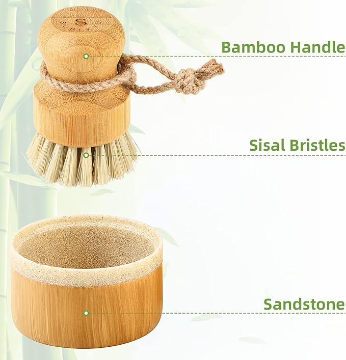SUBEKYU Bamboo Dish Brush Set with Soap Holder, Wooden Dish Scrubber with Soap Dispenser, Natural Kitchen Scrub Brush, Washing Pot/Pans/Cast Iron, 2 Pack, Sisal Bristles