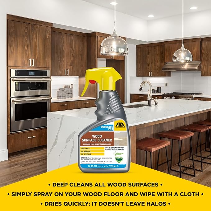 FILA Surface Care Solutions, WOODCARE PRO, Wood Cleaner for All Wood Floors and Surfaces, Suitable as Wood Floor Cleaner Spray, Wood Furniture Cleaner, Dries Fast, Does not Damage Wood Kitchen, 24oz