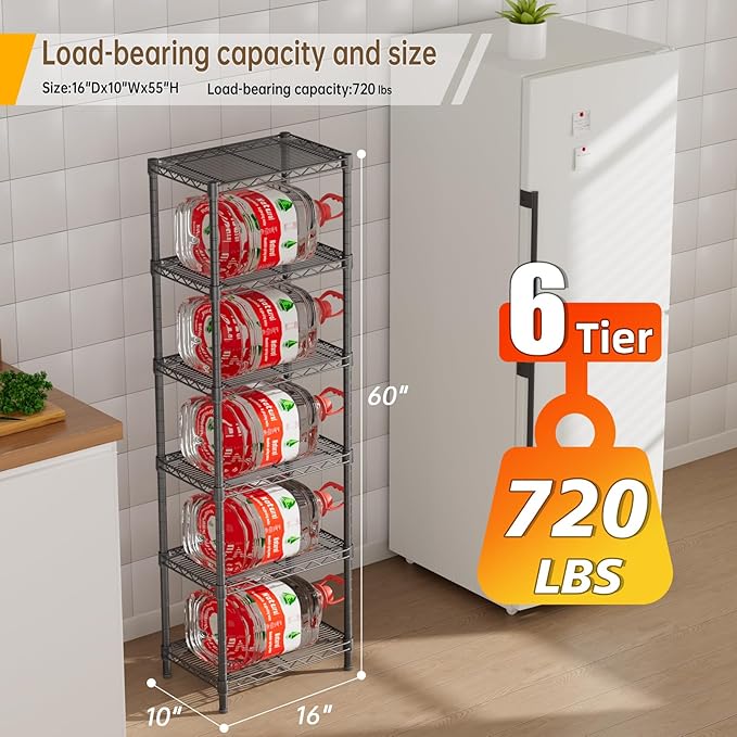 Golpart 6 Tier Shelf Adjustable Storage Mesh Gaps Metal Utility Shelves Wire Shelving Unit Organizer Rack for Home Kitchen Office Bathroom Pantry Room10 D x 16" W x 60" H Black