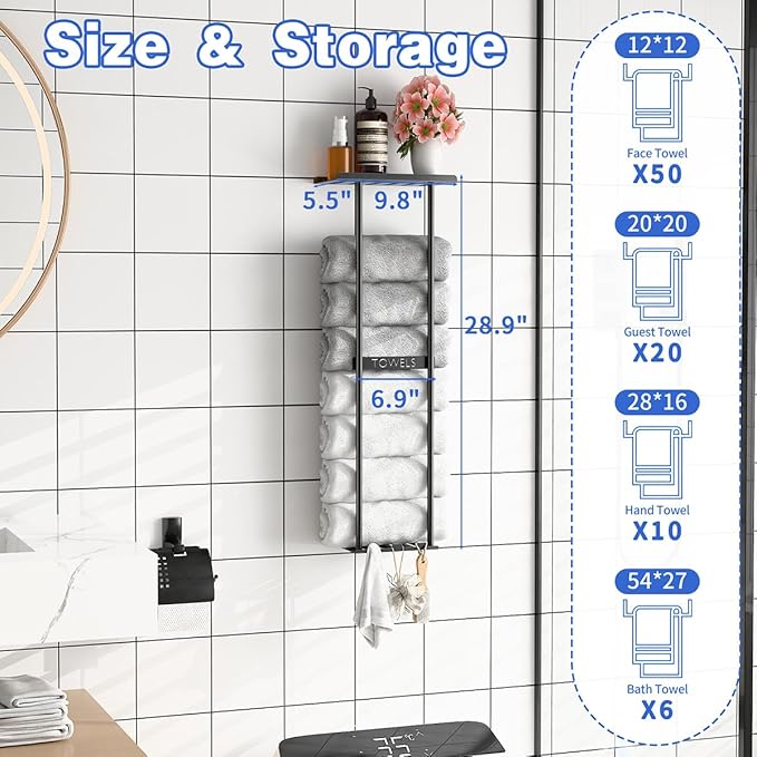 2-Tier Wall-Mounted Towel Rack with Hooks & Shelf, Black Metal Towel Holder for Small Bathrooms (Standard Version)