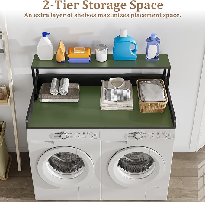 Washer Dryer Countertop with Shelf, 27.5″D x 54″W x 16.7″H, Countertop for Washer and Dryer Top with Non-Slip Pads and Edge Rails, Laundry Room Storage and Organization(Black)