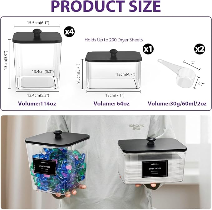 COAZEX 4+1 Pack Clear Laundry Pods Container & Dryer Sheet Holder, Plastic Square Laundry Room Organization and Storage Jars with Black Lids, Scoops & Labels for Detergent, Powder, Dryer Balls