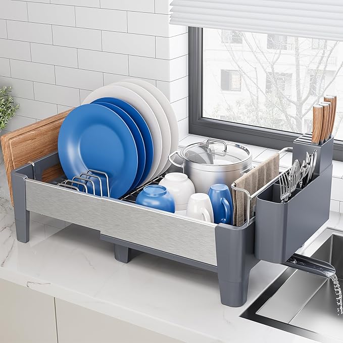 Urackify Expandable Dish Drying Rack, Stainless Steel Dish Rack with Aluminum Frame, Dish Drainer for Kitchen Counter, Space Saving Kitchen Drying Rack with Movable Utensil Holder, Gray