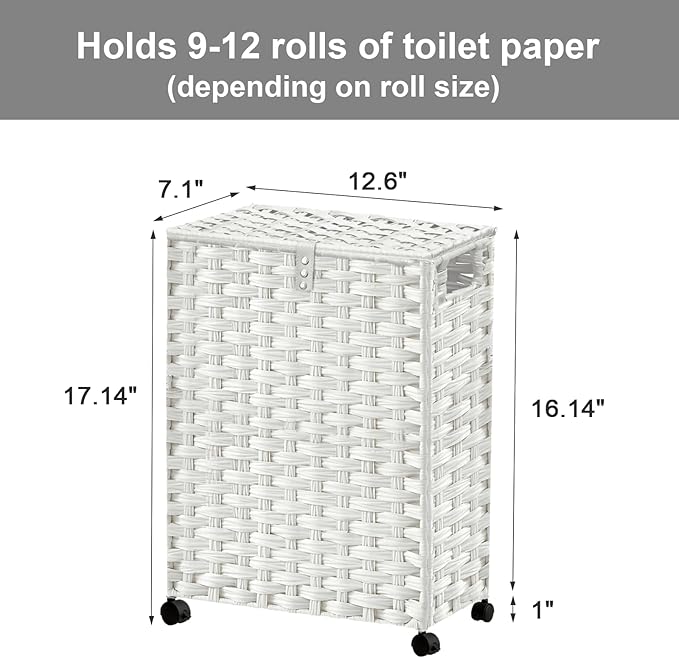 Hiagnete Toilet Paper Storage Basket with Lid and Wheels, Rattan Toilet Paper Holder Storage, Toilet Paper Organizer for Bathroom, Bedroom, Kitchen, 12.6”L x 7.1”W x 17.14”H, White