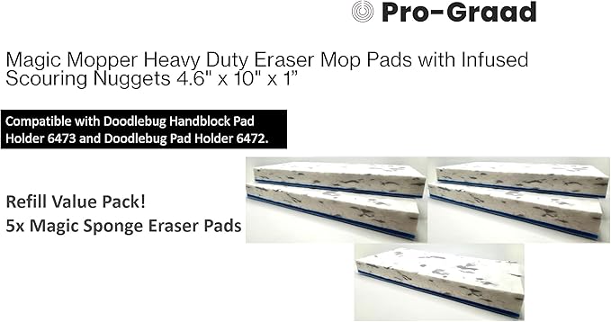 4.5" x 10" Heavy Duty Mop Floor Cleaning Eraser Pads Infused with Scouring Nuggets 10x Durability Commercial Grade Floor Baseboard Walls, Compare to Magic Eraser – Doodlebug Pad, 5 Pack
