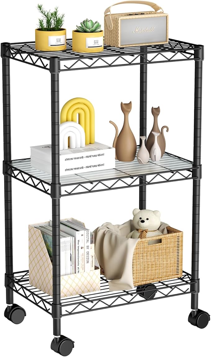 Golpart Small 3 Tier Shelves Storage Wire Shelving Unit Metal Shelf Adjustable Organizers Storage Shelving with Wheels for Bathroom Laundry Room Kitchen Pantry12”D x 18”W x 30.7”H Black