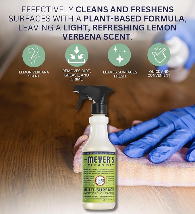 Clean Day Lemon Verbena Scent Multi-Surface Cleaner Spray 16 oz Bundle with Microfiber Cloth - Plant-Derived Formula - Versatile Cleaner for Wood, Tile, Stone, & More Surfaces - (3 Items)