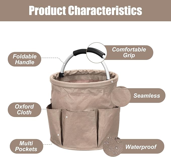 Qivine 17L Cleaning Caddy with Handle, Cleaning Supply Caddy, Foldable Tool Bag Cleaning Products Organizer, Portable Cleaning Bucket Caddy for Cleaning Supplies (Khaki)